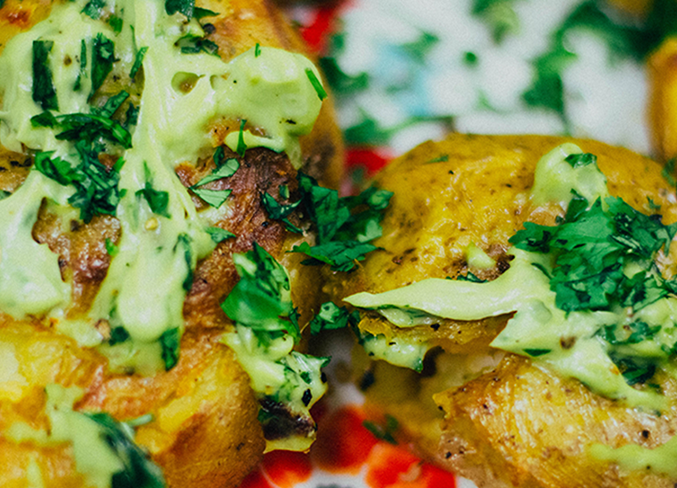 Crispy Smashed Potatoes with Avocado Garlic Aoili